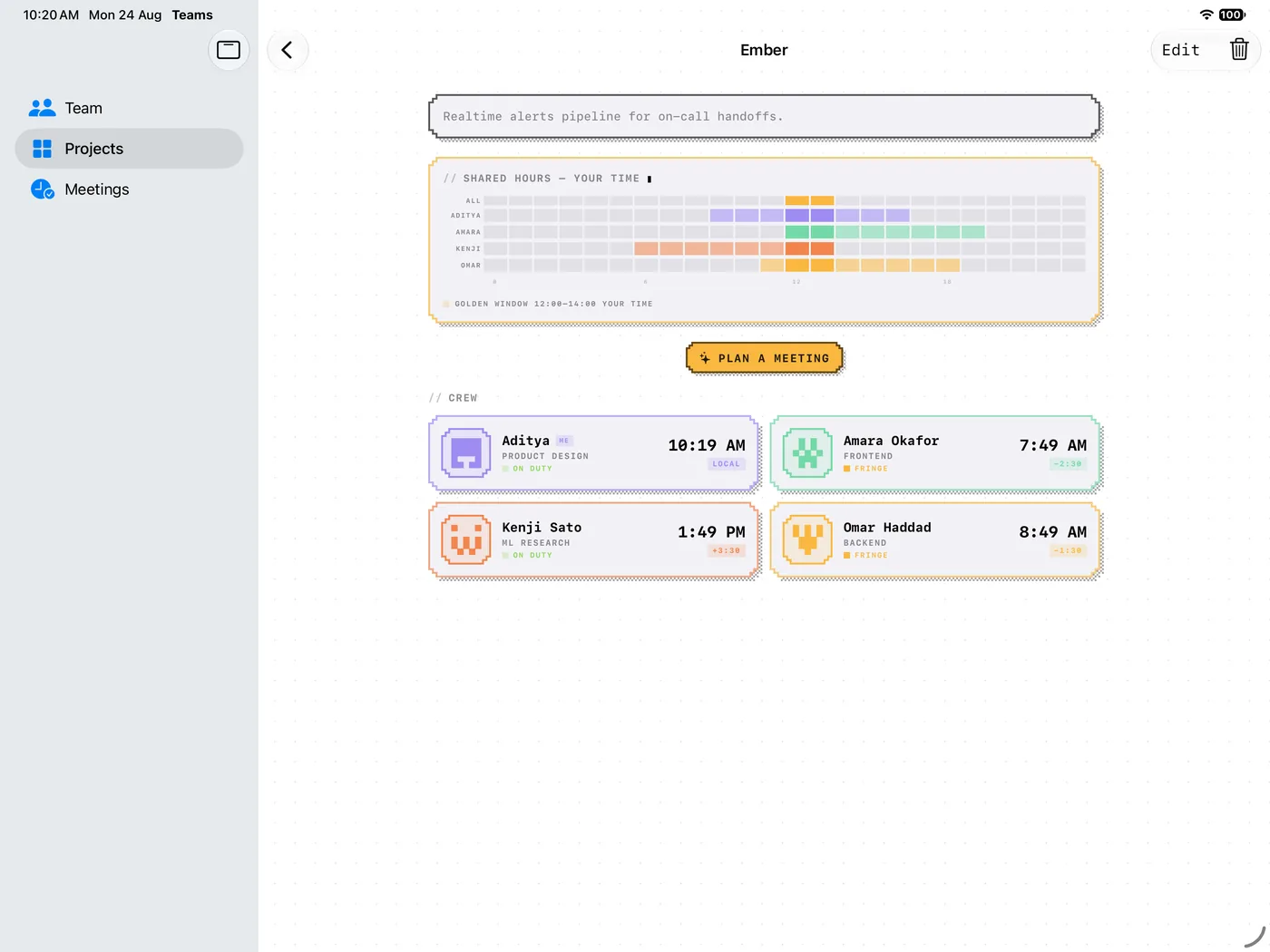 Dayshift on iPad: a sidebar with Team, Projects and Meetings beside the Ember project, showing the wide SHARED HOURS — YOUR TIME grid, the caption GOLDEN WINDOW 12:00 to 14:00 YOUR TIME, an amber PLAN A MEETING button and four crew cards in two columns.