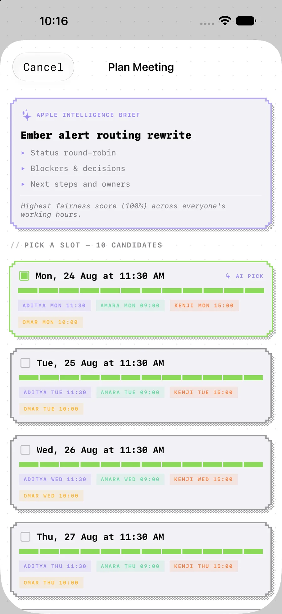 Dayshift's planner results on iPhone: a violet APPLE INTELLIGENCE BRIEF panel titled Ember alert routing rewrite with three agenda bullets and a rationale line, then a list of candidate slots headed PICK A SLOT — 10 CANDIDATES, the first marked AI PICK with a full twelve-segment green fairness meter and chips showing each attendee's local time.