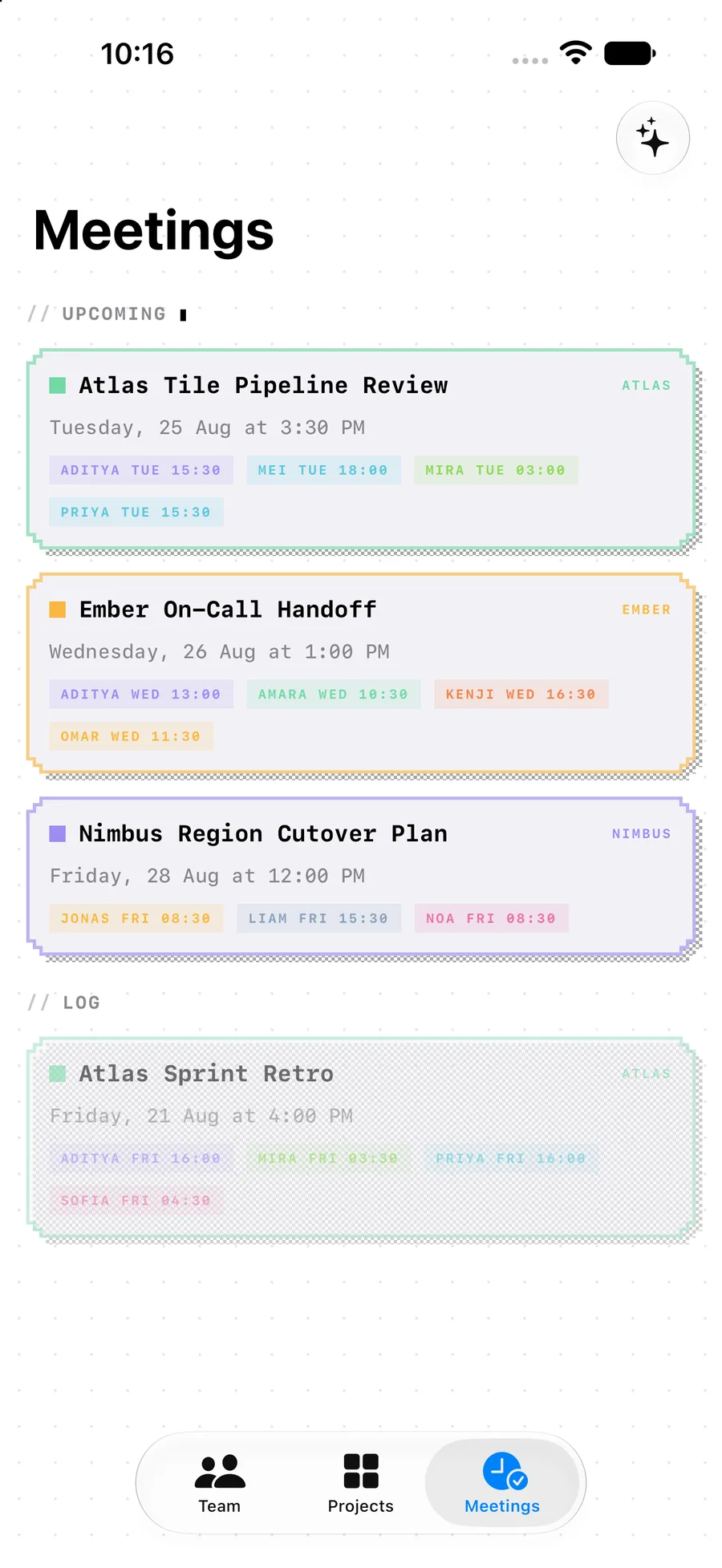Dayshift's Meetings tab on iPhone: an UPCOMING section with Atlas Tile Pipeline Review, Ember On-Call Handoff and Nimbus Region Cutover Plan, each showing the date, the project tag and a chip per attendee with that person's local start time, followed by a dimmed LOG section holding the past Atlas Sprint Retro.