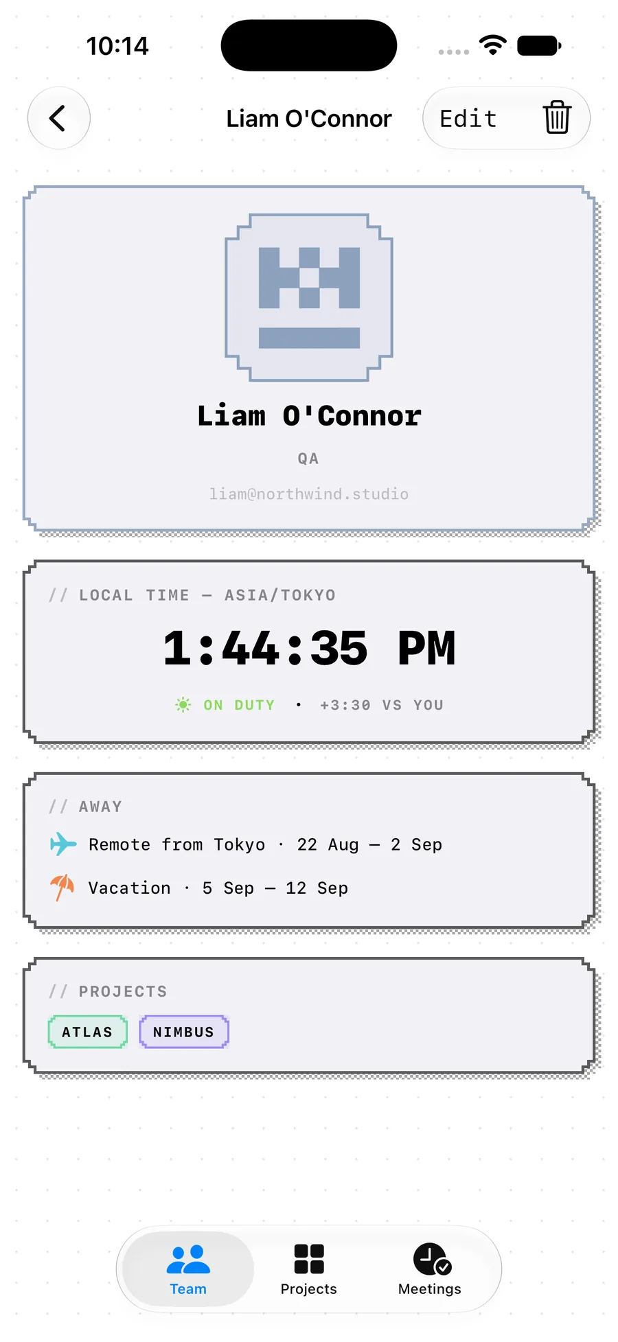 A teammate detail card in Dayshift: Liam O'Connor, QA, with a large ticking local time of 1:44:35 PM labelled LOCAL TIME — ASIA/TOKYO, an ON DUTY badge, plus 3:30 versus you, an AWAY panel listing Remote from Tokyo 22 Aug to 2 Sep and Vacation 5 Sep to 12 Sep, and project tags Atlas and Nimbus.