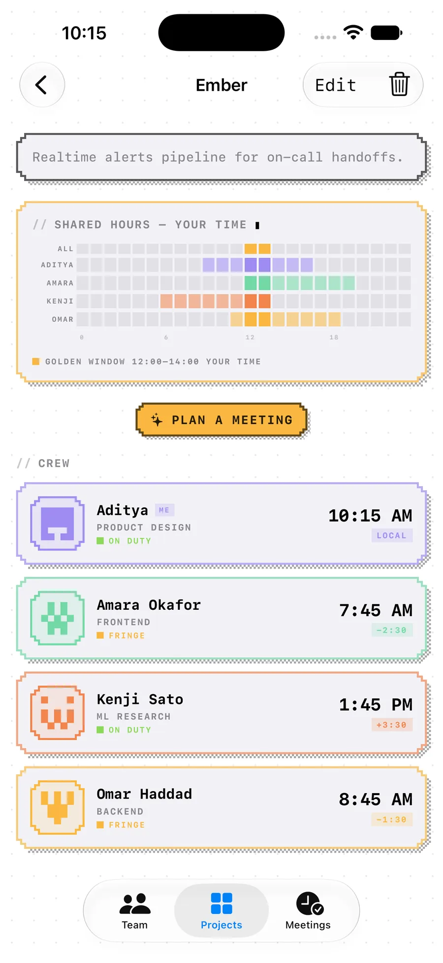 The Ember project detail in Dayshift: a SHARED HOURS — YOUR TIME grid with an ALL row plus rows for Aditya, Amara, Kenji and Omar, amber cells marking the golden window, the caption GOLDEN WINDOW 12:00 to 14:00 YOUR TIME, and an amber PLAN A MEETING button above the crew cards.