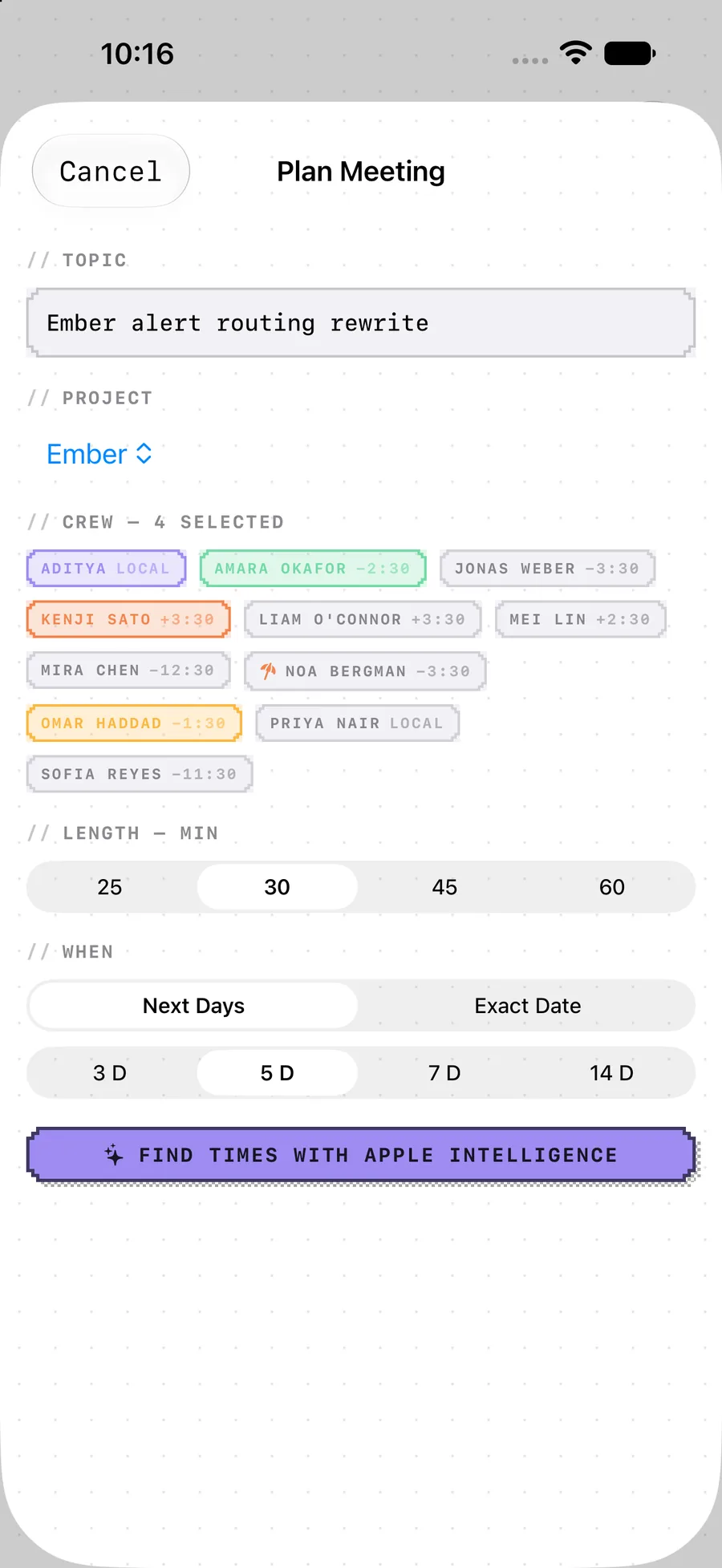 Dayshift's Plan Meeting sheet on iPhone: a topic field reading Ember alert routing rewrite, a project picker set to Ember, a CREW section with eleven selectable teammate chips showing each person's offset, length options 25, 30, 45 and 60 minutes, a When switch between Next Days and Exact Date with 3, 5, 7 and 14 day choices, and a violet FIND TIMES WITH APPLE INTELLIGENCE button.