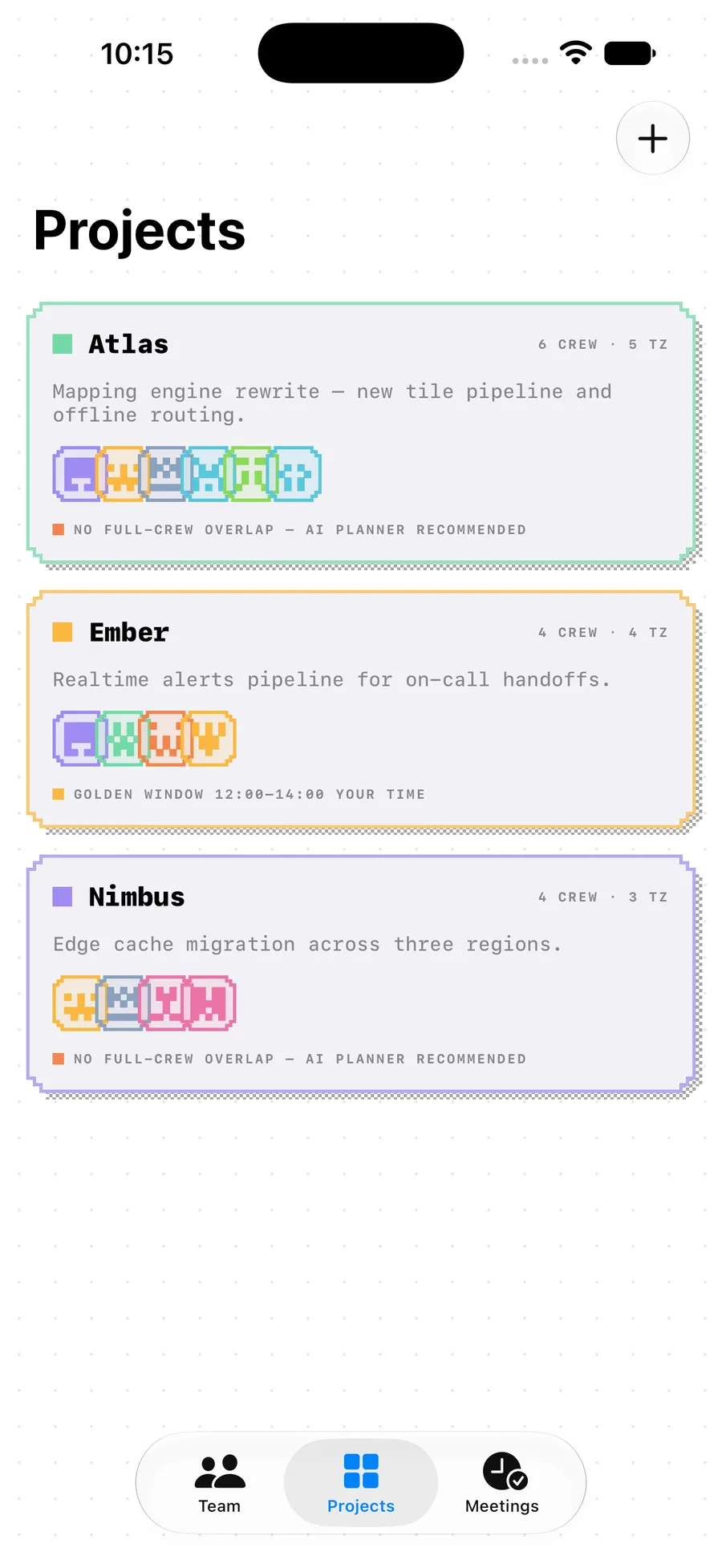 Dayshift's Projects list on iPhone: Atlas with 6 crew across 5 time zones and the line NO FULL-CREW OVERLAP — AI PLANNER RECOMMENDED, Ember with 4 crew across 4 time zones and GOLDEN WINDOW 12:00 to 14:00 YOUR TIME, and Nimbus with 4 crew across 3 time zones and no full-crew overlap.