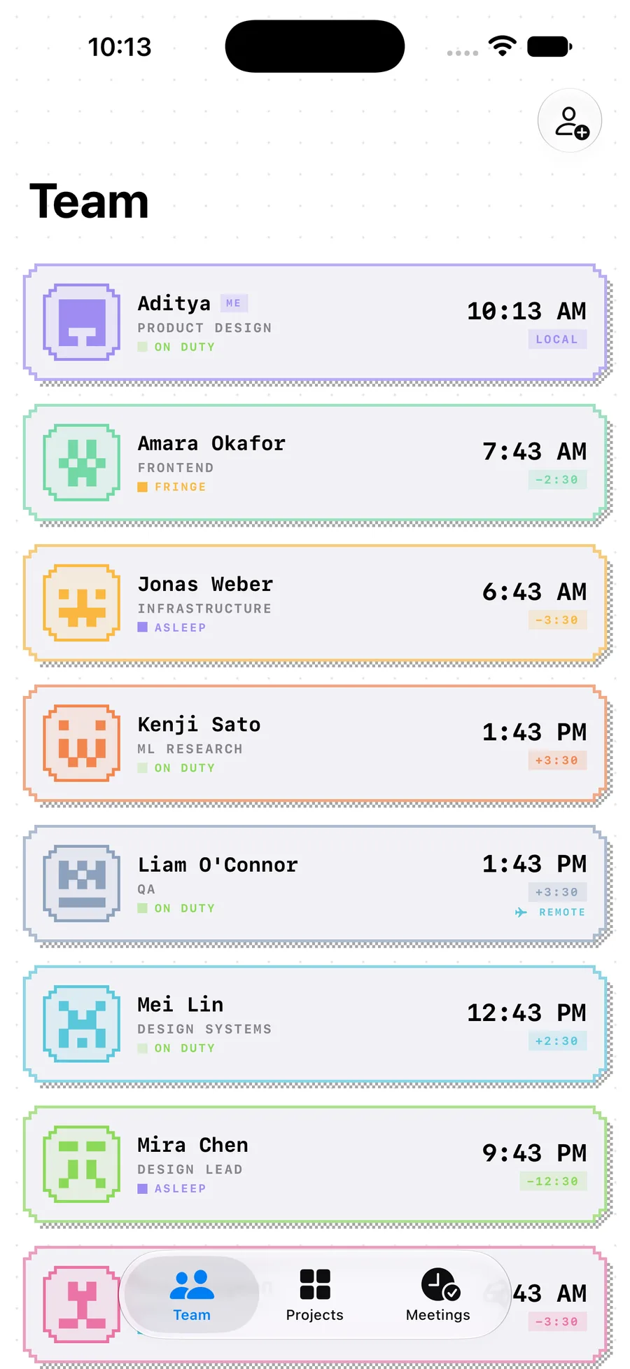 Dayshift's Team roster on iPhone: eight teammate cards, each with a pixel sprite avatar, name, role, current local time and a duty badge reading ON DUTY, FRINGE or ASLEEP, plus an offset chip such as LOCAL, minus 2:30 or plus 3:30.