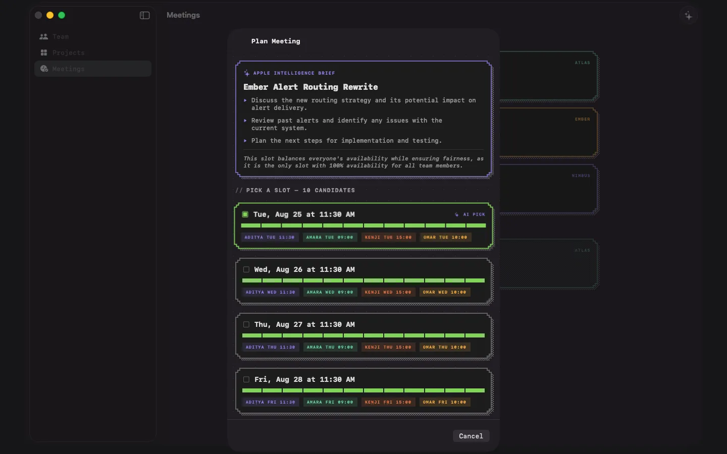 Dayshift's planner sheet on macOS in dark appearance: a violet-bordered APPLE INTELLIGENCE BRIEF titled Ember Alert Routing Rewrite with three agenda bullets and a fairness rationale, above four ranked candidate slots each with a twelve-segment green fairness meter and per-attendee local time chips.