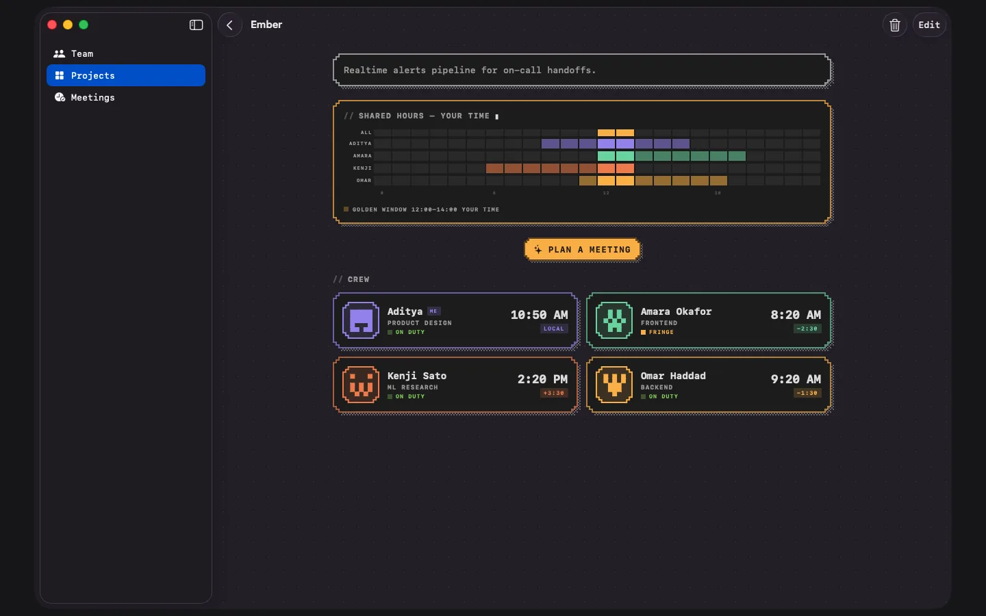 A project's shared-hours map open in Dayshift on macOS in dark appearance, showing the 24-hour grid with the amber golden-window row above the per-teammate rows.