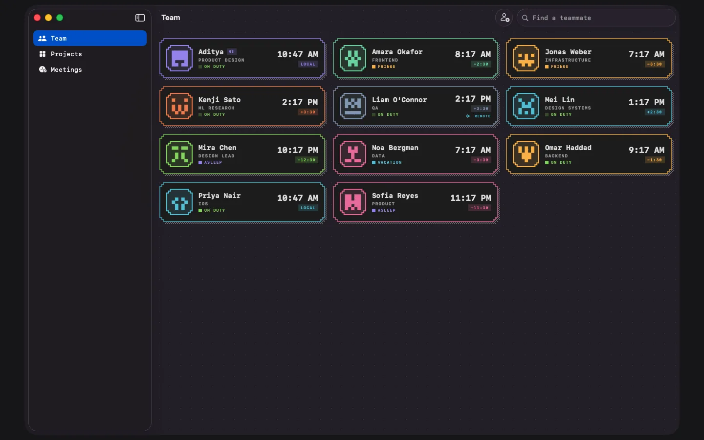 Dayshift on macOS in dark appearance: a sidebar with Team, Projects and Meetings, a Find a teammate search field, and a grid of eleven teammate cards, each outlined in its own accent colour with a pixel sprite, role, duty badge, current local time and offset chip. Liam O'Connor's card also carries a REMOTE badge.