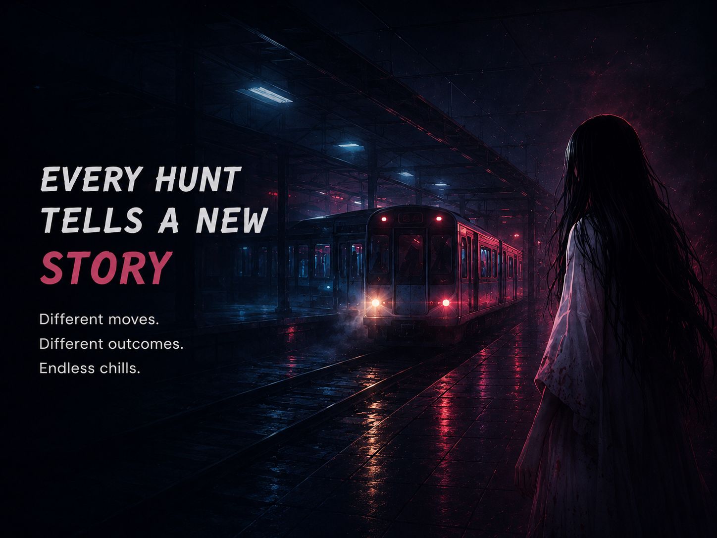 A Pontianak in a white gown watches a train pull into a rain-slicked MRT platform at night.