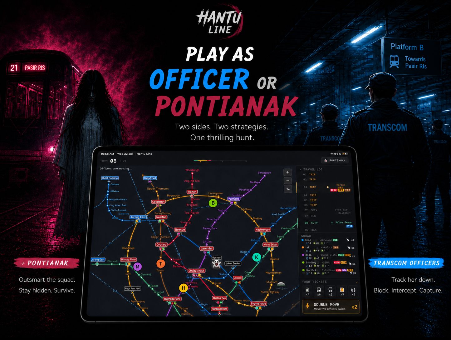 Split key art: cyan-lit TransCom officers on one side, the pink-lit Pontianak on the other, a game tablet between them.