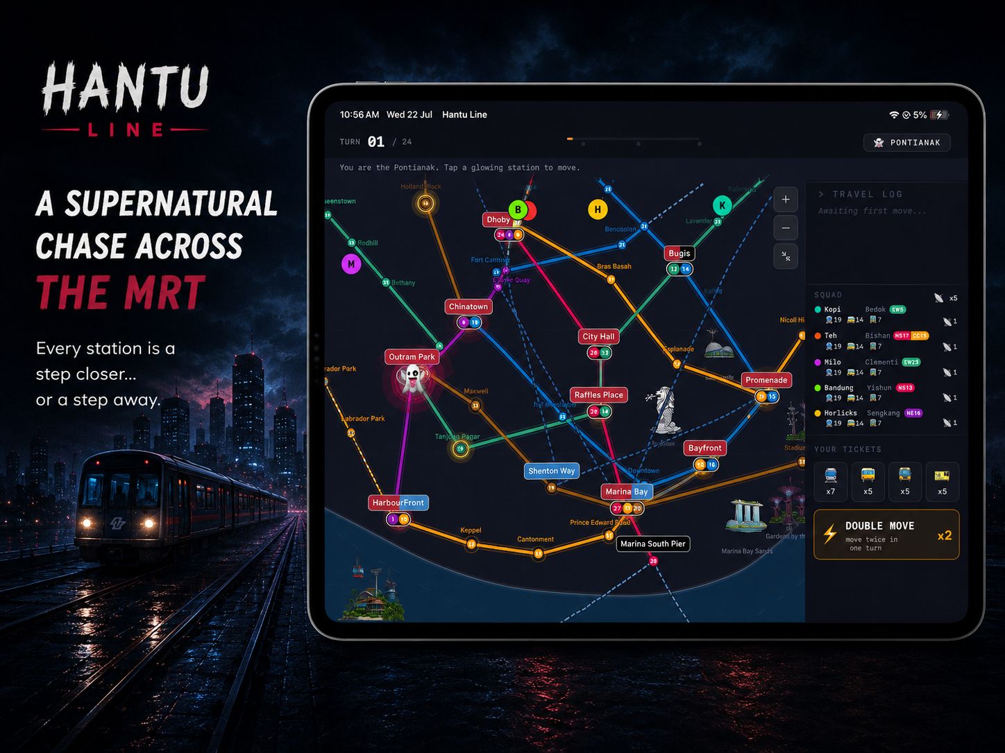 The Hantu Line game map showing the Singapore MRT lines with officer tokens closing in on a hidden ghost at City Hall.