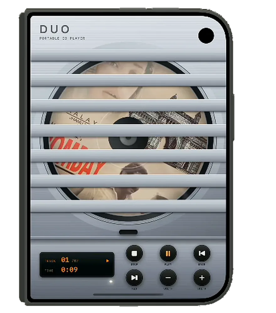 A silver portable CD player with slatted shutters over the disc and an amber readout