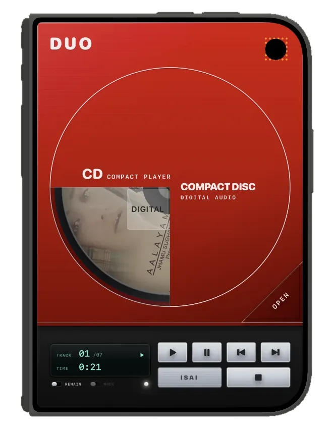 The red DUO compact disc player with the disc showing through a window in its lid