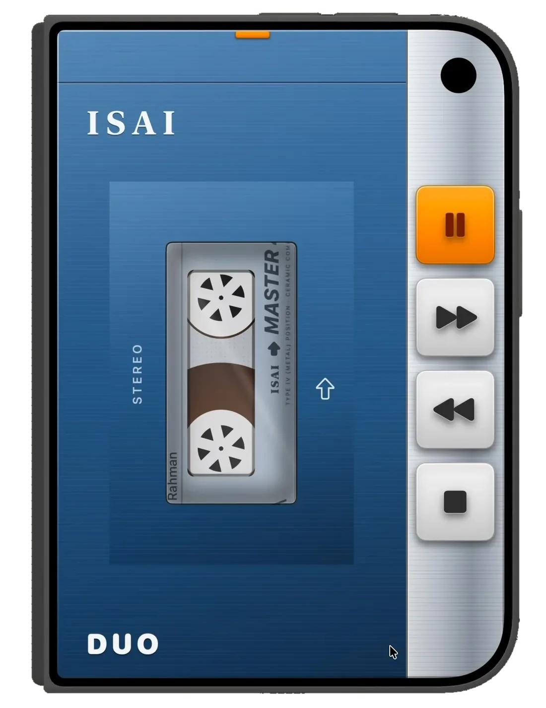A matte blue cassette player with a silver key column and an orange pause key