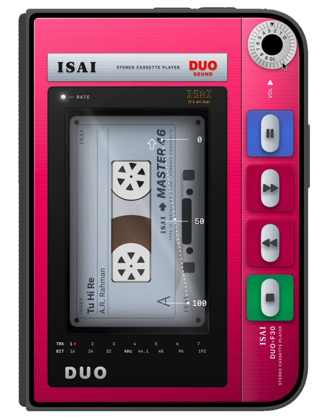 The F30 cassette player in hot pink, with a volume wheel and blue, red and green keys