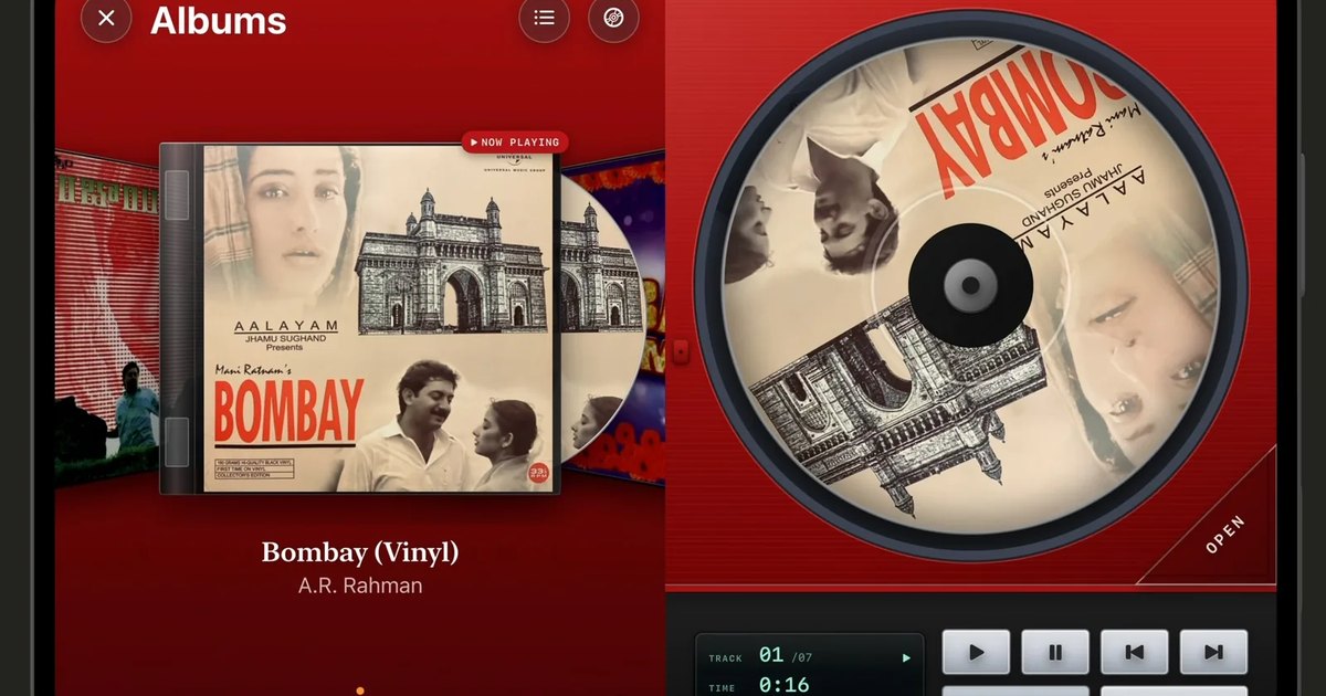 Isai on iPhone Duo in Pure Music Mode — a red CD player beside a shelf of jewel cases