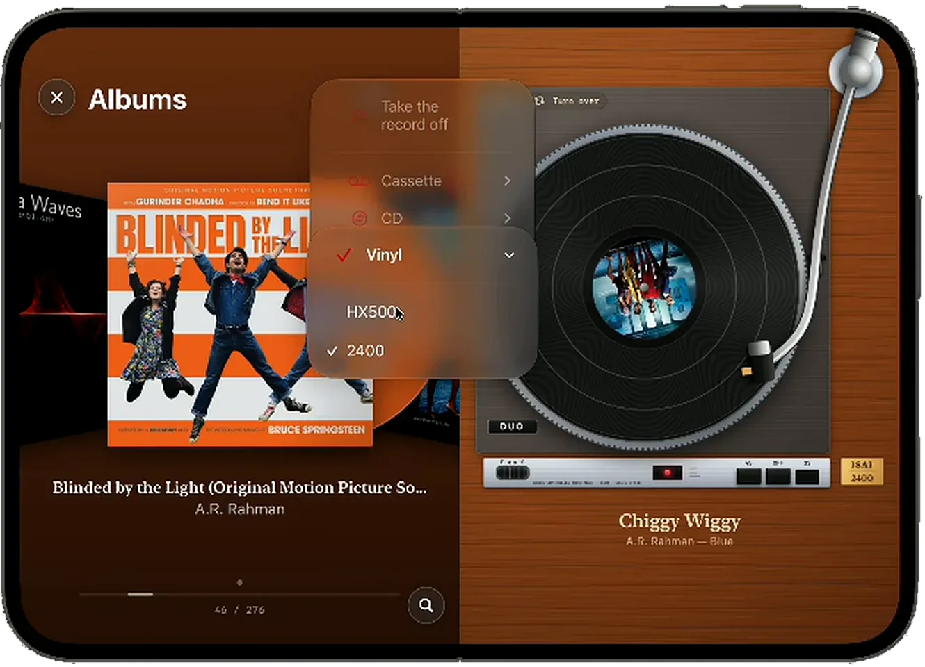 The deck menu open over the Albums view: Take the record off, Cassette, CD, and Vinyl expanded to show HX500 and 2400, with 2400 selected