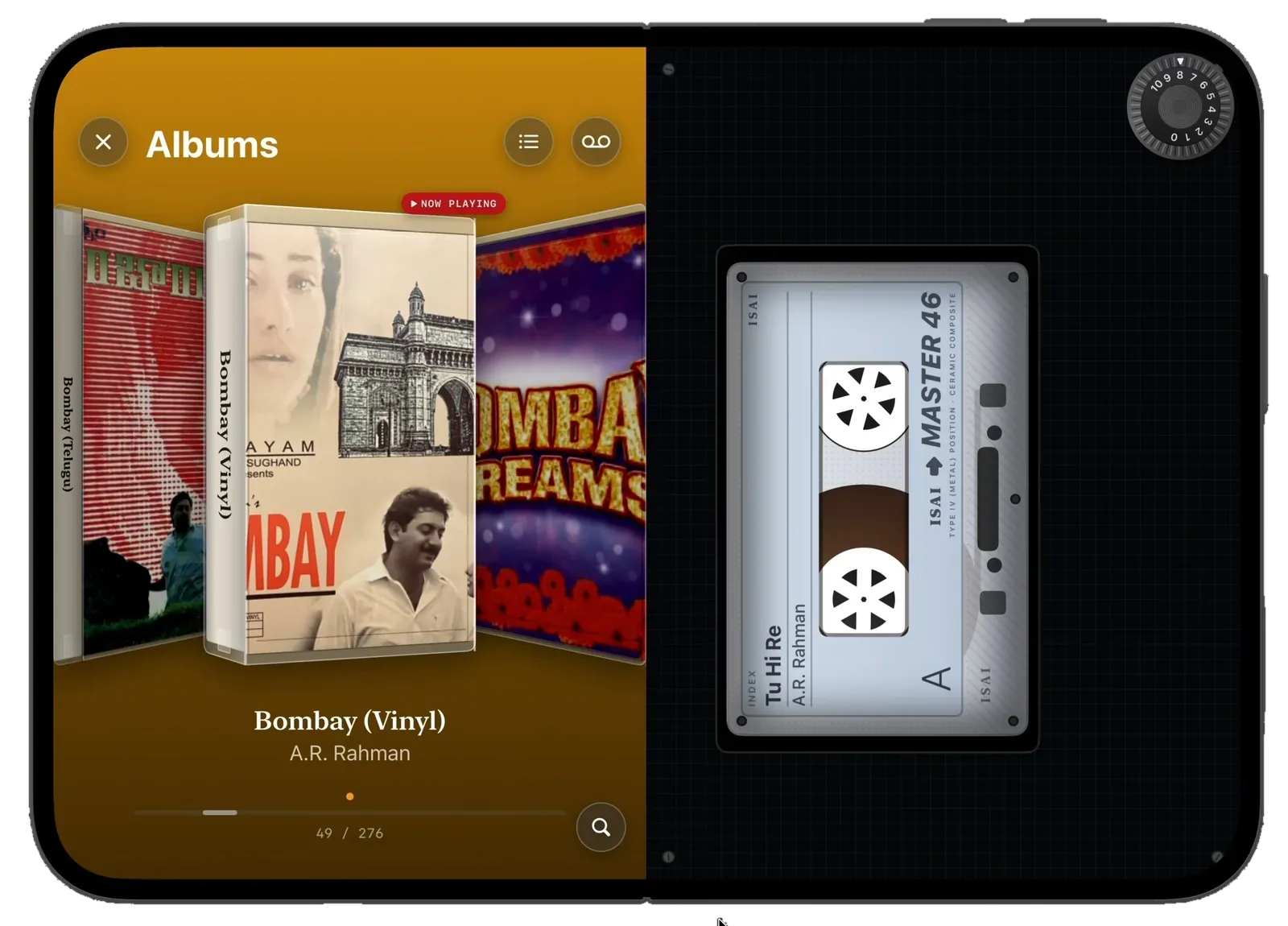 Isai unfolded in cassette mode: an amber library of cassette cases on the left with Bombay (Vinyl) marked Now Playing, and a black deck holding an Isai Master 46 tape on the right
