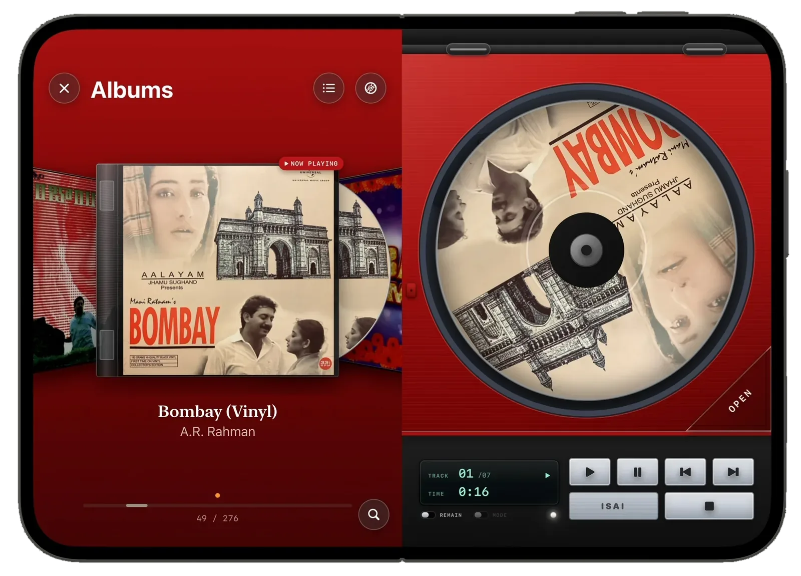 Isai unfolded in CD mode: a red library of jewel cases with the disc peeking out, and a red CD player on the right with the Bombay disc spinning and a green LCD reading track 01 of 07