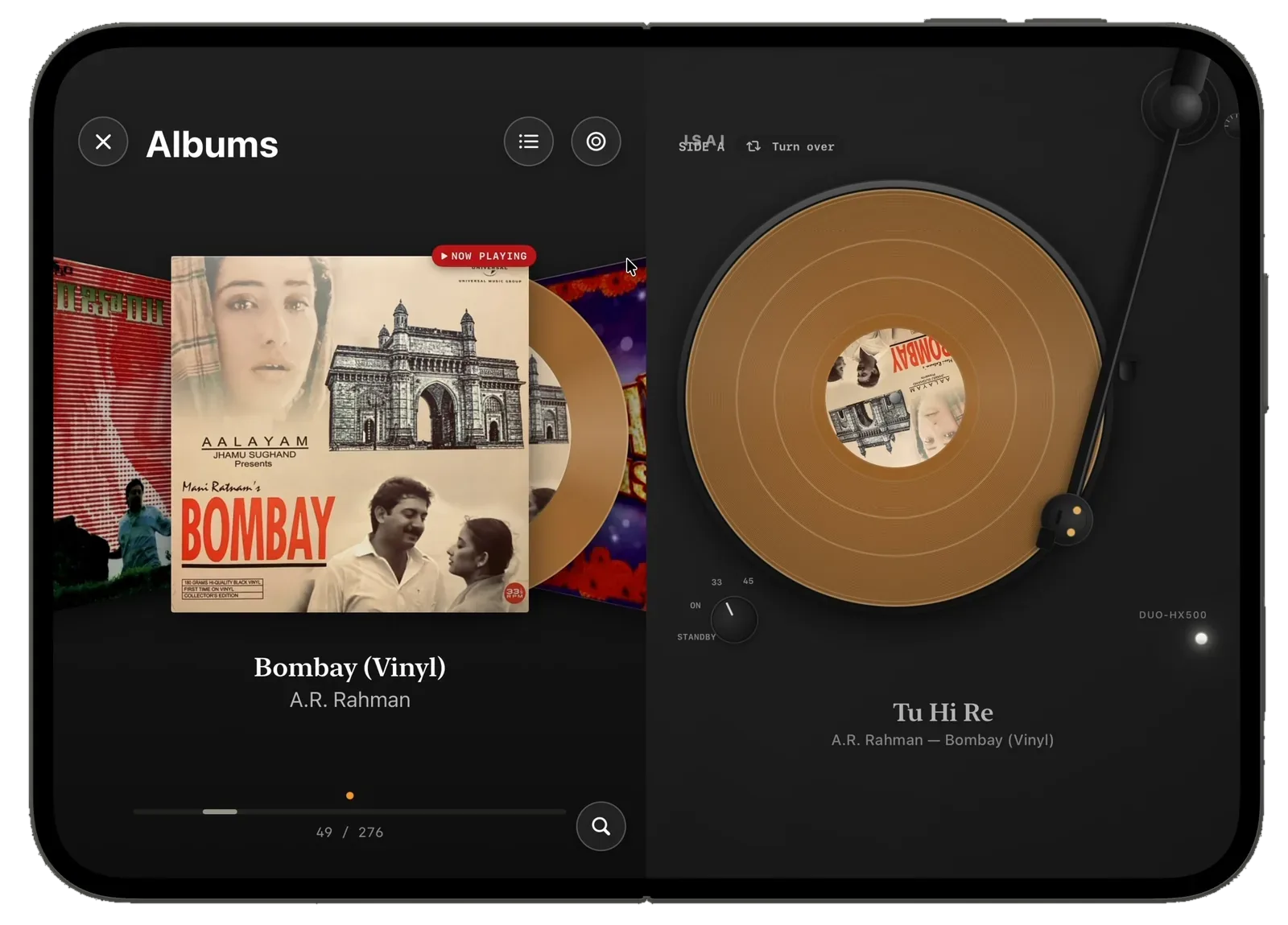 Isai unfolded in vinyl mode: Bombay (Vinyl) on the left with a bronze record sliding out of its sleeve, and the same bronze record playing on a black turntable on the right