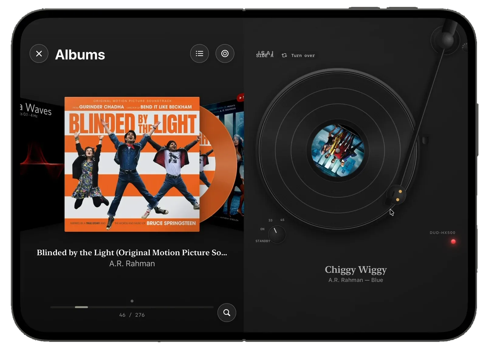 Isai unfolded in vinyl mode with the HX500 turntable: Blinded by the Light with an orange record in the library, and Chiggy Wiggy playing on a black record