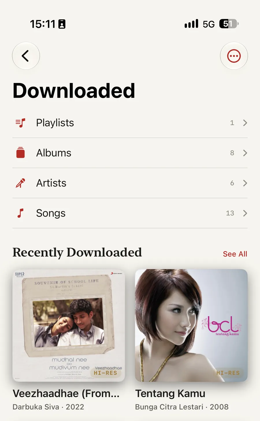Isai&rsquo;s Downloaded screen on iPhone: rows for Playlists, Albums, Artists and Songs carrying counts of 1, 8, 6 and 13, then a Recently Downloaded grid with Veezhaadhae by Darbuka Siva and Tentang Kamu by Bunga Citra Lestari, both badged HI-RES.