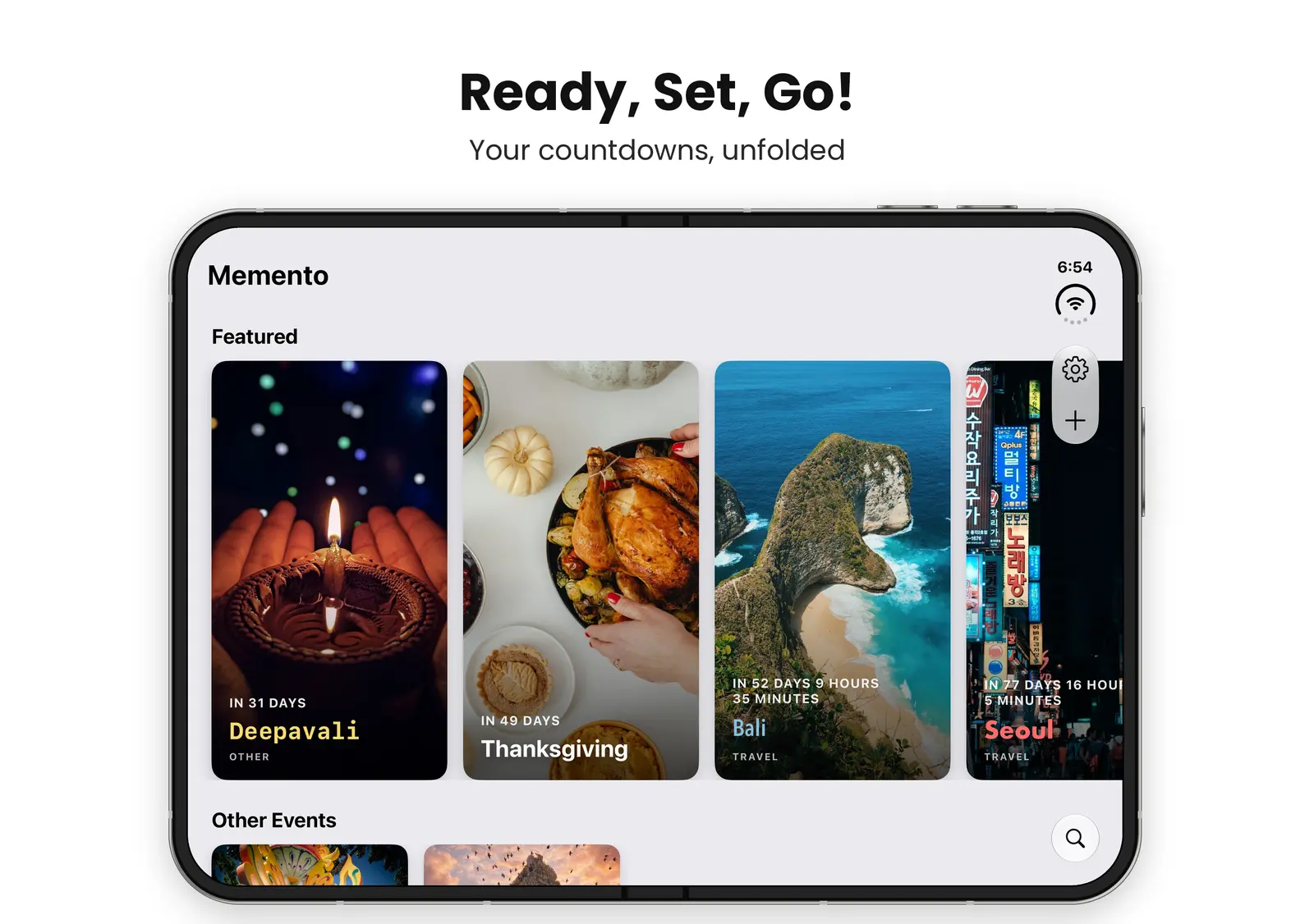 Ready, Set, Go! Your countdowns, unfolded: Memento on iPhone Duo unfolded, with featured countdowns for Deepavali in 31 days, Thanksgiving in 49 days, Bali in 52 days and Seoul in 77 days