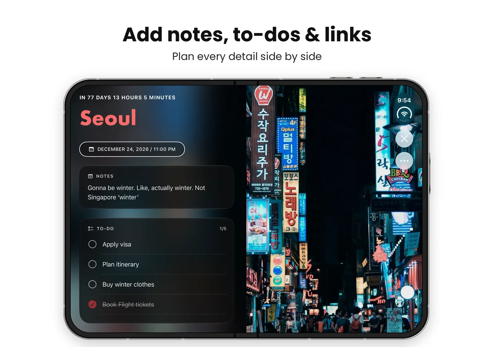 Add notes, to-dos and links, plan every detail side by side: Memento on iPhone Duo unfolded, with the Seoul countdown, a note about winter, and a to-do list of Apply visa, Plan itinerary, Buy winter clothes and a ticked off Book flight tickets