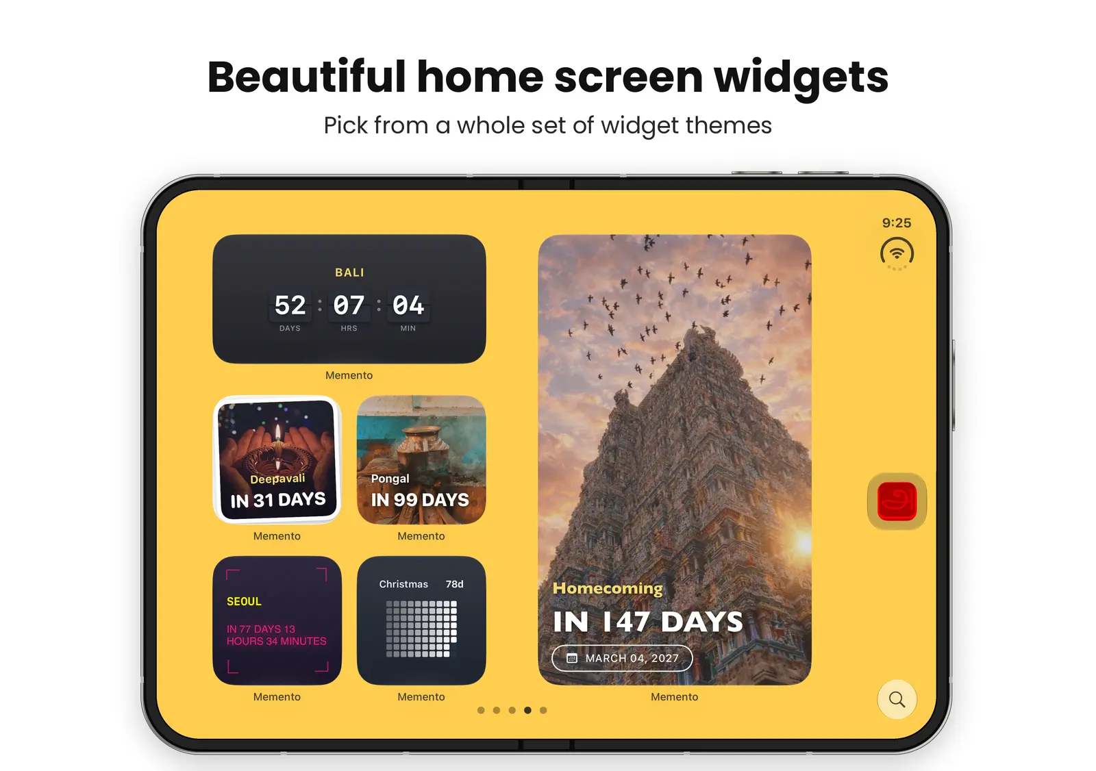 Beautiful home screen widgets, pick from a whole set of widget themes: an iPhone Duo home screen with a flip clock widget for Bali, photo widgets for Deepavali and Pongal, a neon widget for Seoul, a dot grid for Christmas and a large Homecoming widget