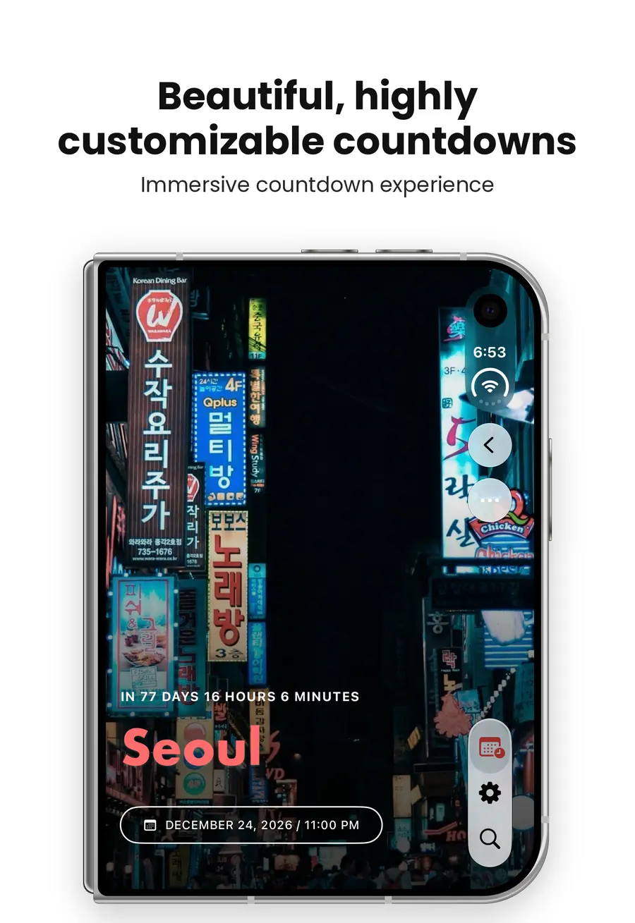 Beautiful, highly customizable countdowns: Memento on iPhone Duo showing Seoul in 77 days 16 hours 6 minutes over a neon street at night, on December 24, 2026 at 11:00 PM
