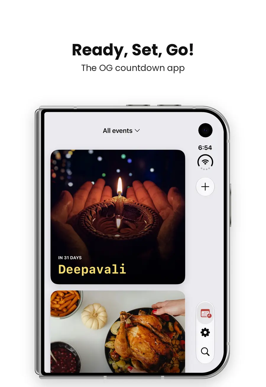 Ready, Set, Go! The OG countdown app: Memento on iPhone Duo showing All events, with Deepavali in 31 days on a candle-lit diya and a Thanksgiving roast below