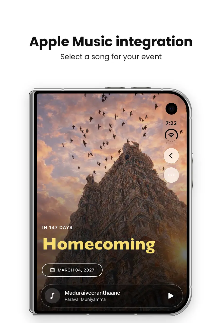 Apple Music integration, select a song for your event: Memento on iPhone Duo showing Homecoming in 147 days on March 04, 2027 over a temple tower at sunset, with Maduraiveeranthaane by Paravai Muniyamma ready to play
